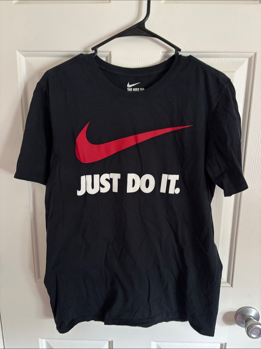 Nike Black T-Shirt with Red Swoosh and White Text size medium
